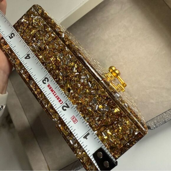 EDIE PARKER ACRYLIC CLUTCH – GOLD CONFETTI & RAINBOW STRIPE | HANDMADE | RARE - Picture 6 of 17